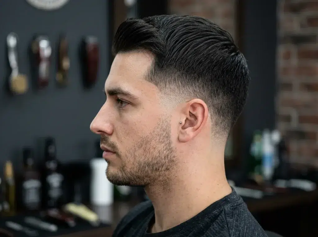 Perfil de un hombre con low taper en patilla y nuca