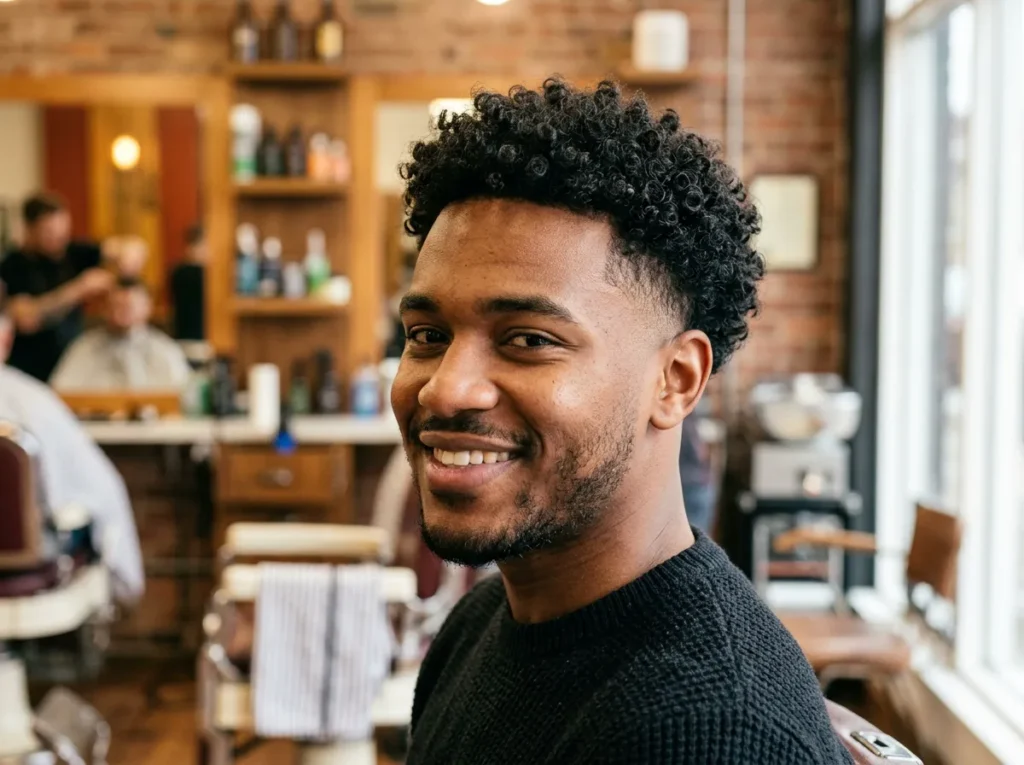 Hombre con pelo rizado arriba y taper fade en los bordes