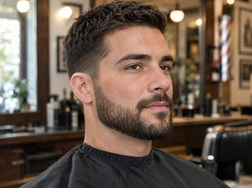 Hombre con barba corta recortada y bigote bien perfilados