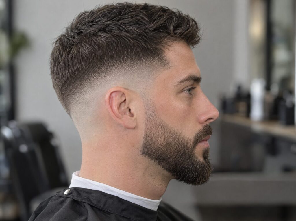 Hombre de perfil con barba degradada que enlaza con el corte en la patilla