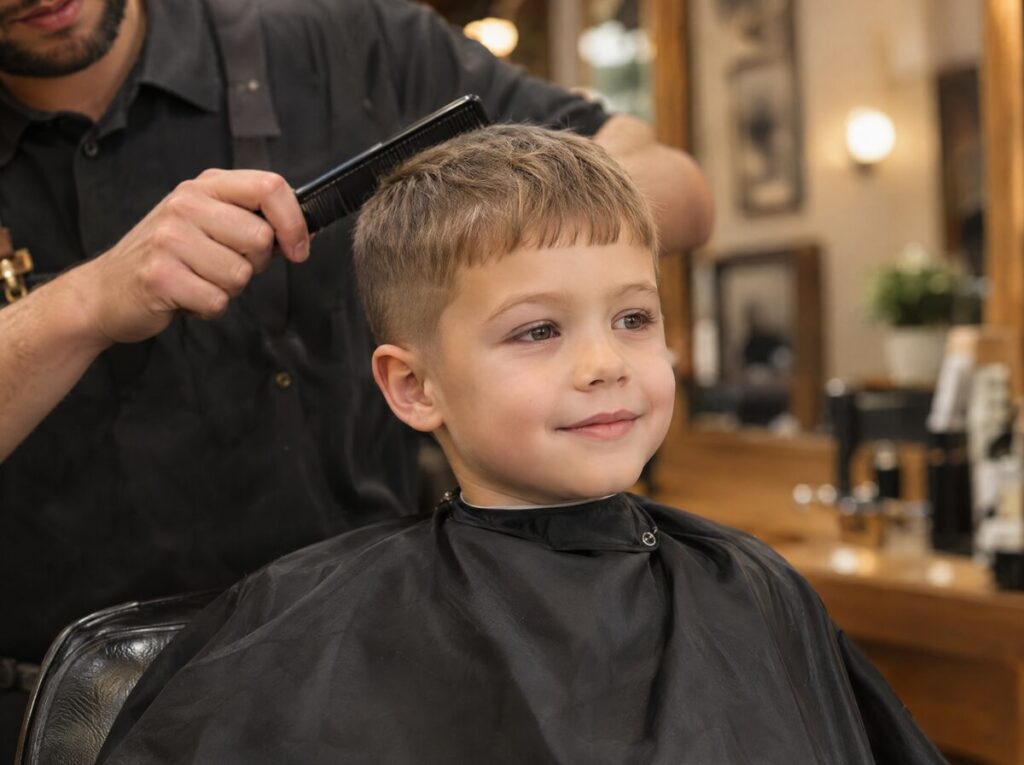 Niño pequeño con corte crop y flequillo corto en el sillón del barbero