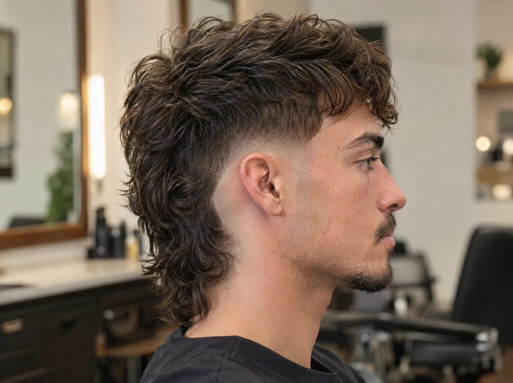 Hombre de perfil con mullet moderno y degradado alrededor de la oreja